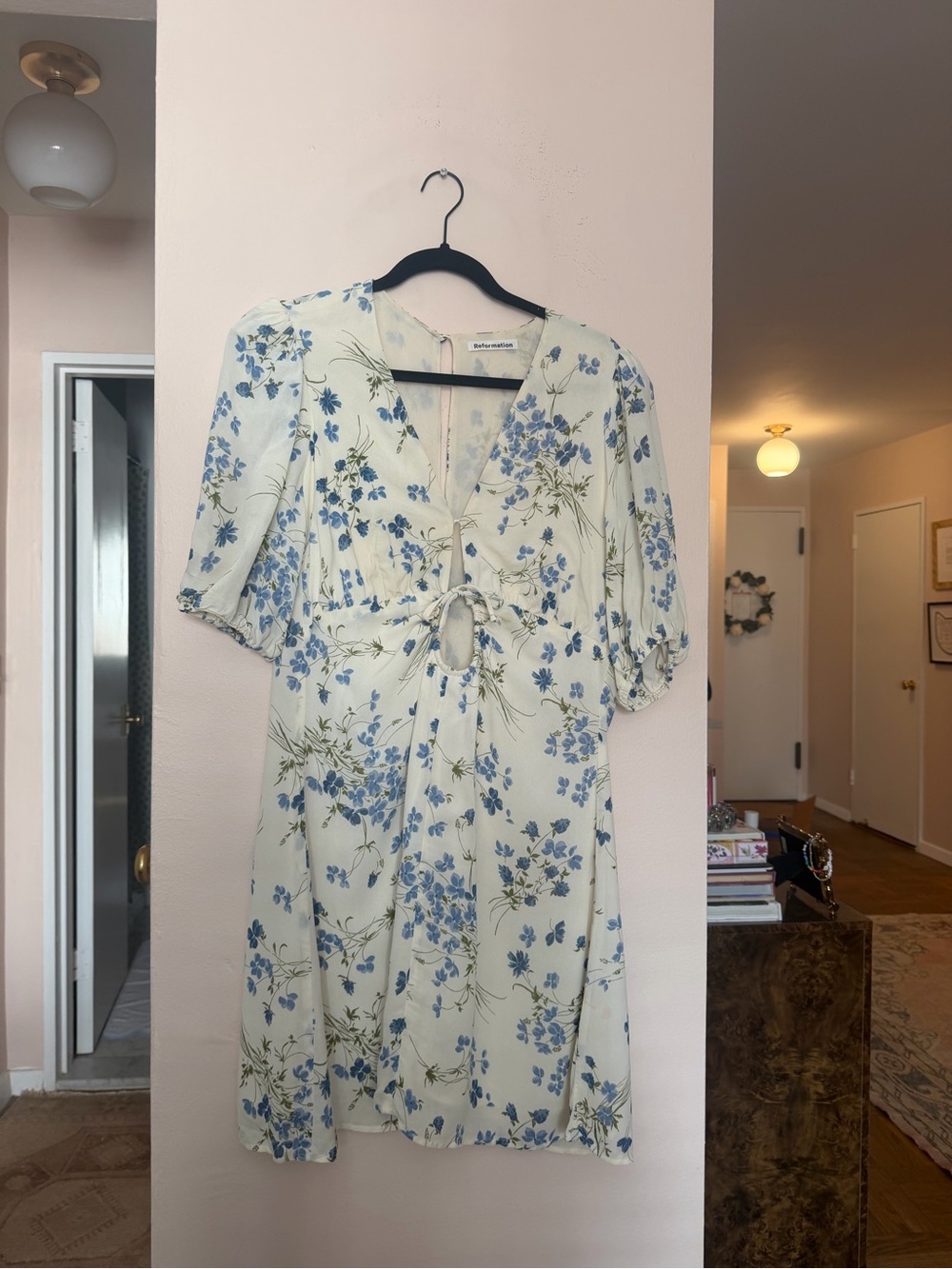 Reformation Cressida Cream Floral Tie-Front Mini Dress with Blue Blossoms